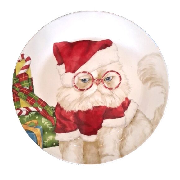2 Pier 1 Grumpy Christmas Cat Santa with Hat Salad Plate 9” Ironstone - Picture 3 of 7